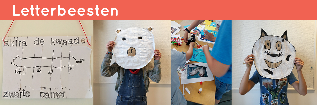 Titel Letterbeesten, daaronder vier foto's, kinderen houden schildernwerkjes voor hun gezicht, de schilderwerkjes zien eruit als dierenmaskers.