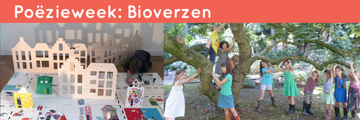 Titel Bioverzen, daaronder twee foto's van een groep kinderen in de natuur